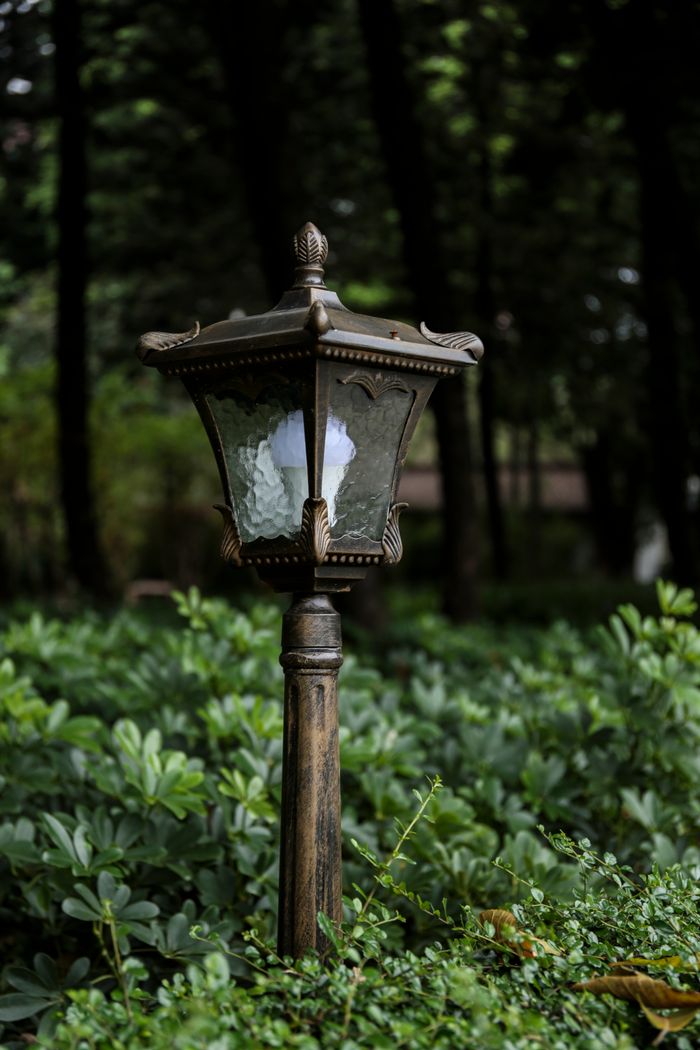 Close-up of a decorative vintage lamp surrounded by lush green bushes in a serene garden setting.