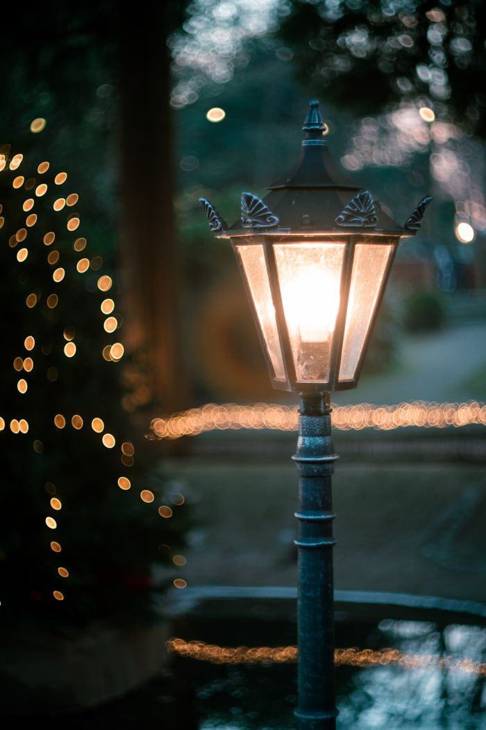 services-01 A vintage lamp post surrounded by sparkling holiday lights, creating a warm and festive atmosphere.