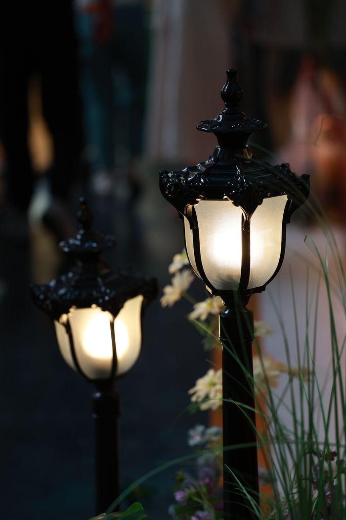 gallery-01 Two vintage-style street lamps illuminate a garden path at dusk, casting soft light.