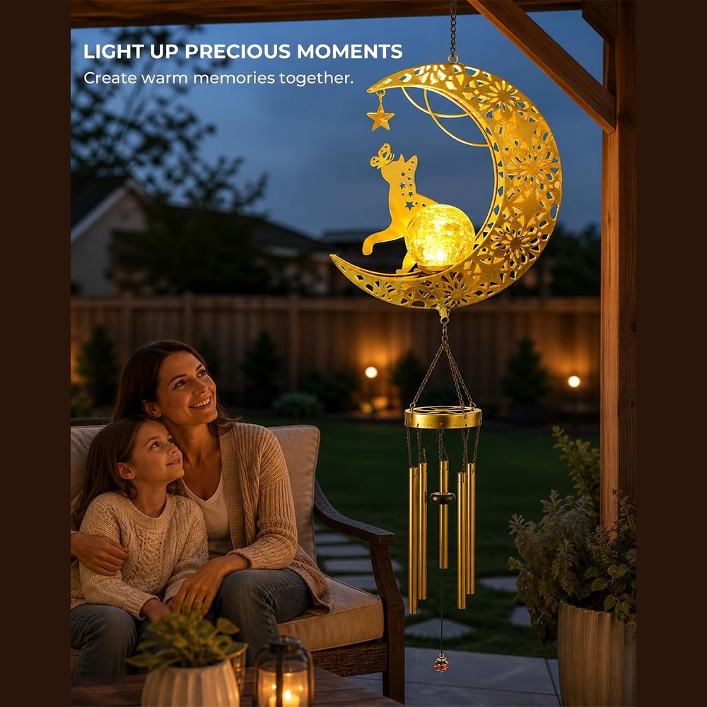 b0cyx88knq 2 Solar Moon Cat Wind Chimes, Outdoor Hanging Garden Patio Decor Light