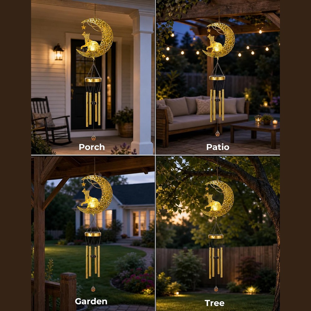 b0cyx88knq 3 Solar Moon Cat Wind Chimes, Outdoor Hanging Garden Patio Decor Light