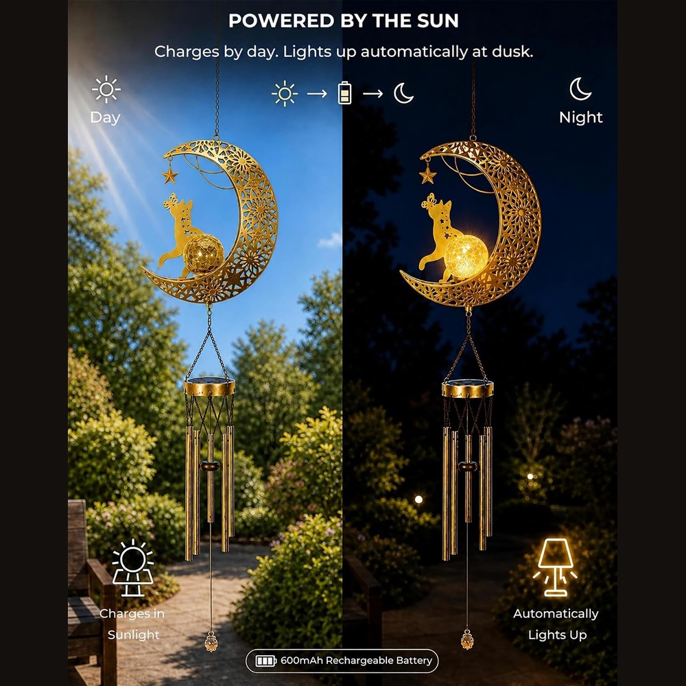b0cyx88knq 4 Solar Moon Cat Wind Chimes, Outdoor Hanging Garden Patio Decor Light