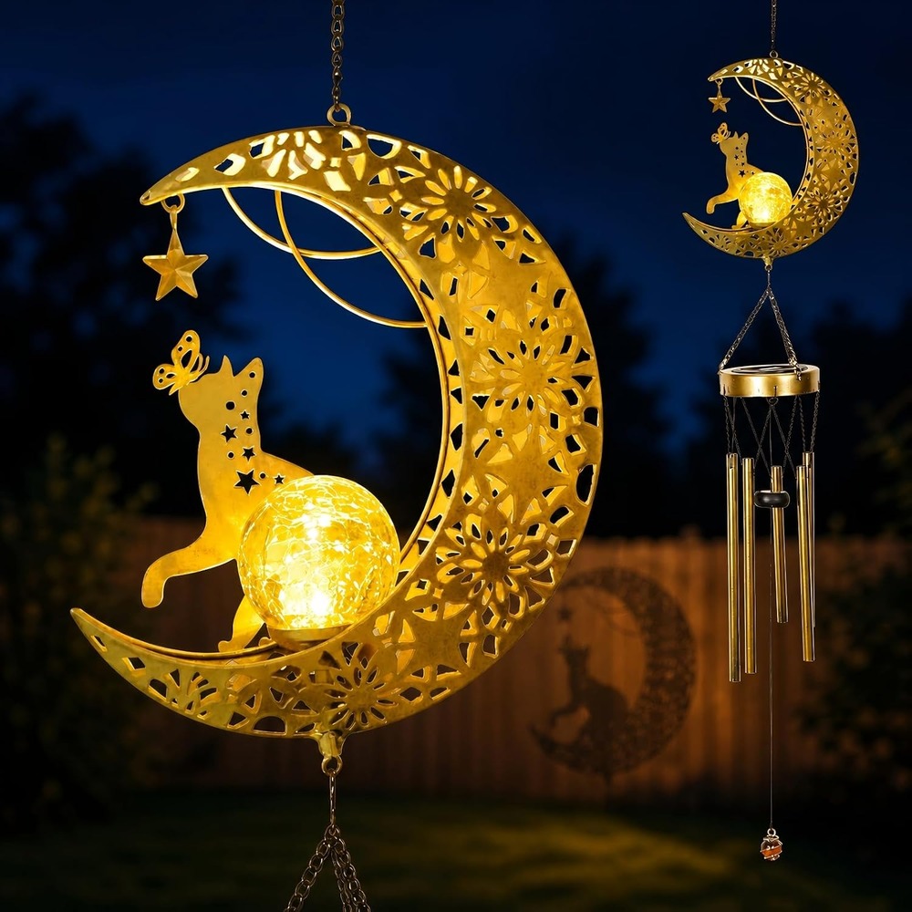 b0cyx88knq 6 Solar Moon Cat Wind Chimes, Outdoor Hanging Garden Patio Decor Light