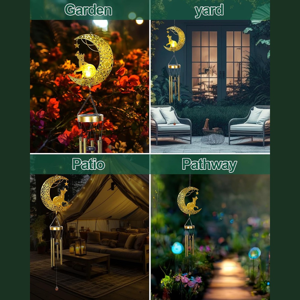 b0cyx88knq 7 Solar Moon Cat Wind Chimes, Outdoor Hanging Garden Patio Decor Light