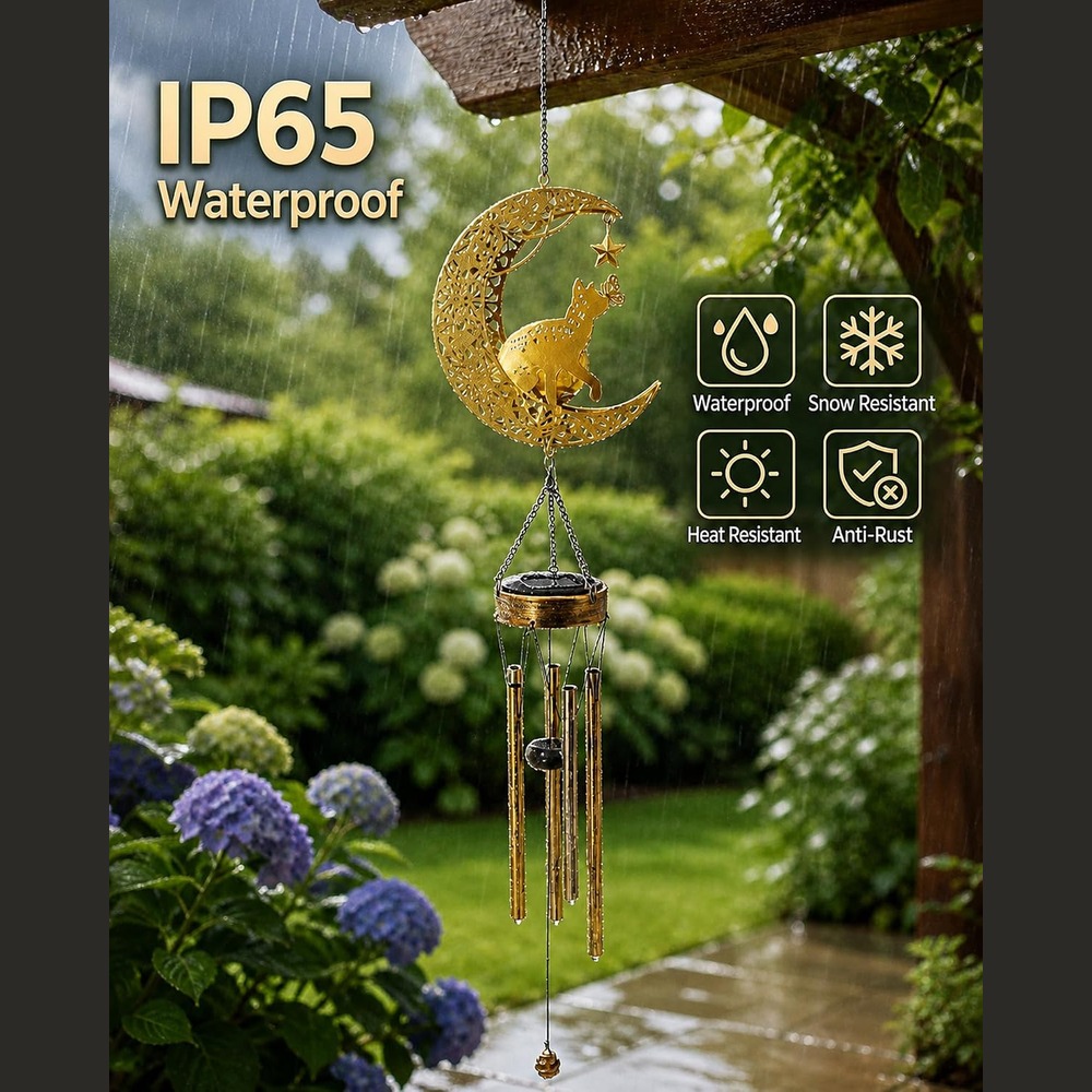 b0cyx88knq 9 Solar Moon Cat Wind Chimes, Outdoor Hanging Garden Patio Decor Light