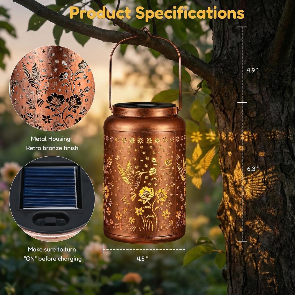 b0fwk21r5s 5 Hummingbird Solar Lantern, Bronze Hanging Metal Lantern for Garden Patio Decor