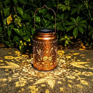 Hummingbird Solar Lantern, Bronze Hanging Metal Lantern for Garden Patio Decor